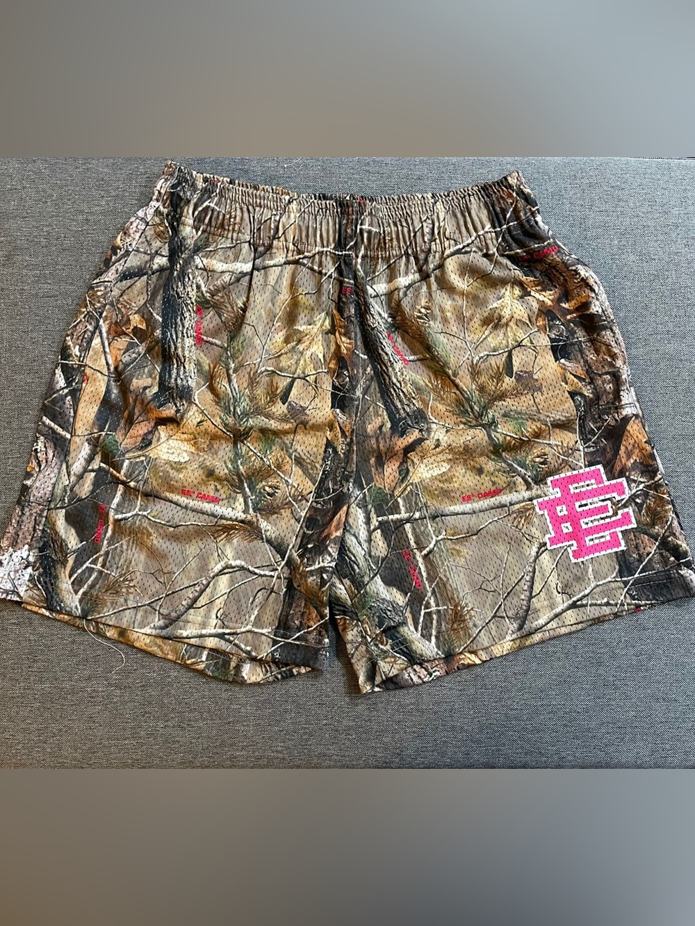 Eric Emanuel Camo Mesh Shorts with Pink Logo Patch